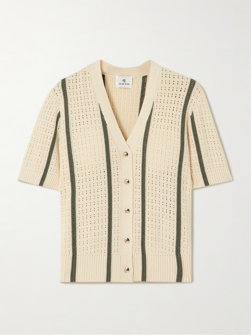 ANINE BING
Camryn striped open-knit cotton-blend cardigan - Cream